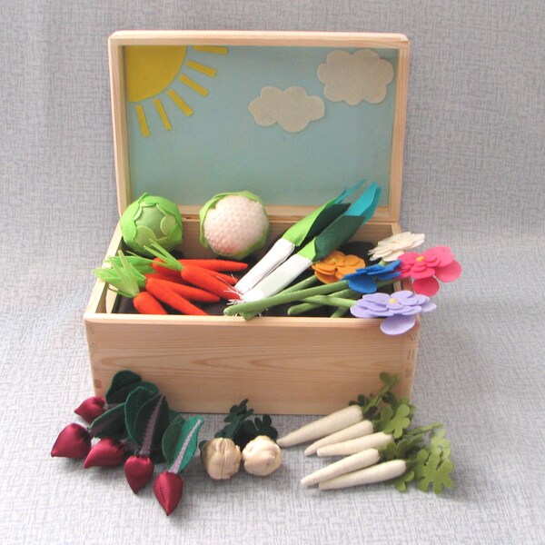 Sunny Felt Fabric Vegetable Garden Play Set, Toy MiniGarden, Pretend Food Veggies Big Set Box For Kids Little Gardener Vegetable Patch