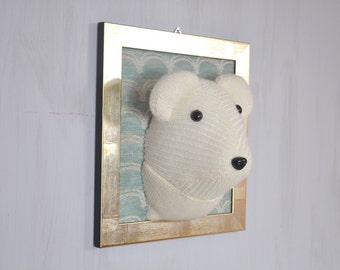 White bear Arctic Polar bear portrait Picture Soft sculpture Kids room decor Wall decor For home Teddy head Fauxidermy White Blue Gold