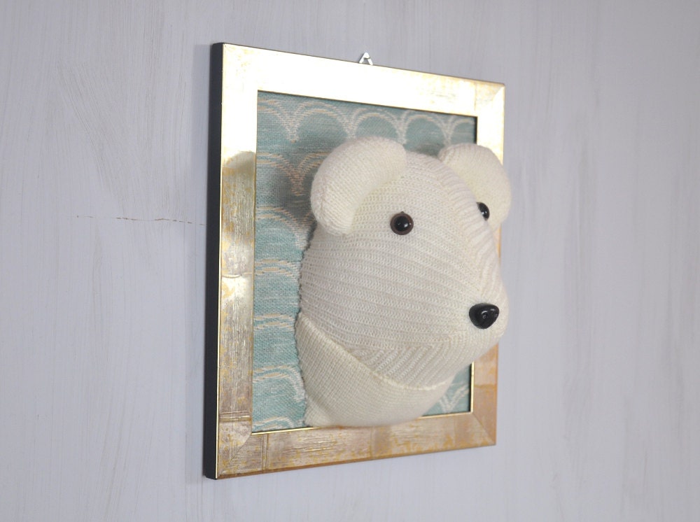 White bear Arctic Polar bear portrait Picture Soft sculpture Kids room decor Wall decor For home Teddy head Fauxidermy White Blue Gold