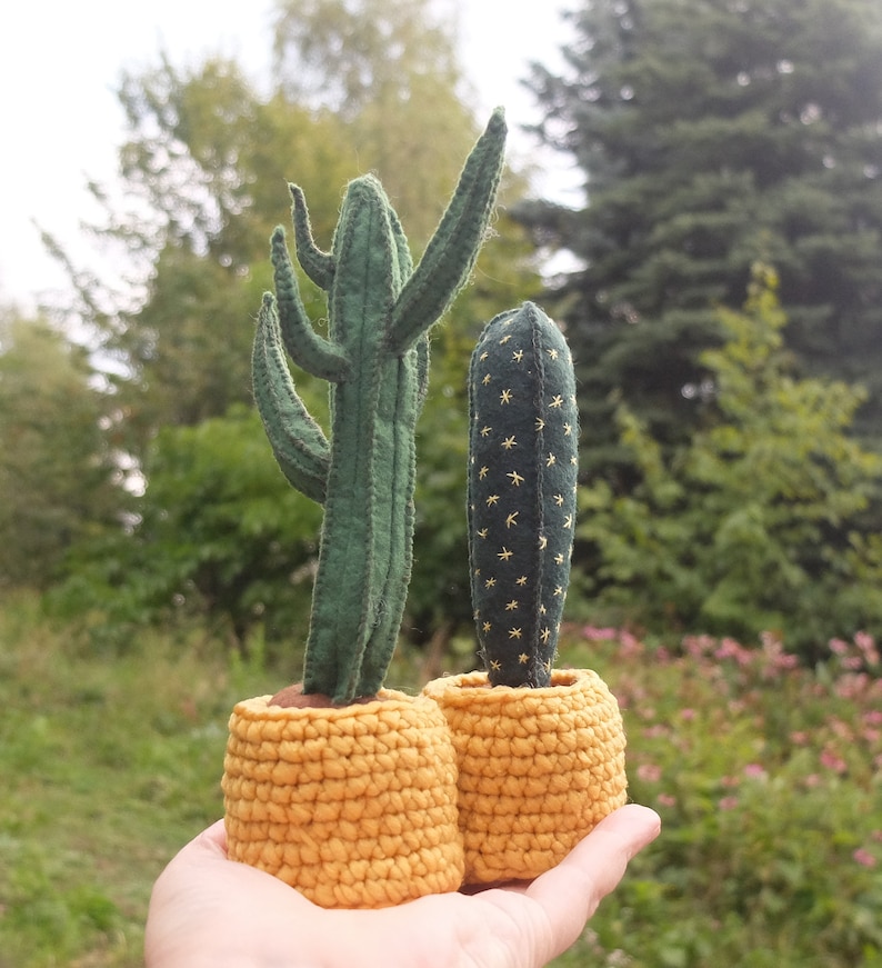 May include: Two felt cactus plants in crocheted yellow pots. The cactus on the left has multiple arms and the cactus on the right has a star pattern.