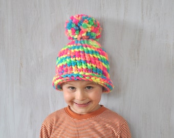 Child Hat, Beanie Hat, Hat Character, Pom pom, Beanie Winter Hat, Knitted Hat, Neon Colour Hat, Warm Beanie