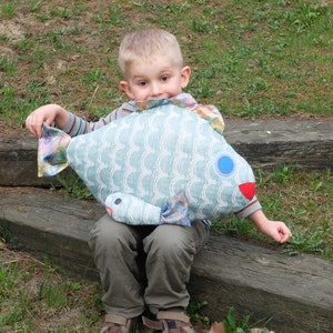 Fish pillow with small fish Kids room decor Nautical pillow Lake house funny pillow Blue cream fish Sweet soft Big small Mum with baby