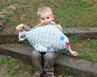 Fish pillow with small fish Kids room decor Nautical pillow Lake house funny pillow Blue cream fish Sweet soft Big small Mum with baby