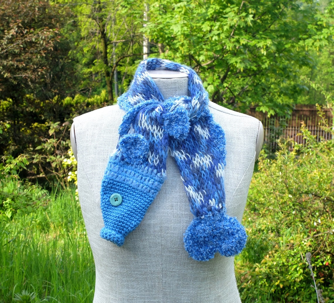 Blue White Fish Scarf Handmade Soft Scarf Knitted Scarf Etsy