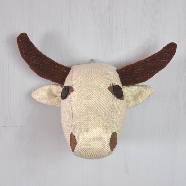 White cow Textile head trophy Faux taxidermy Fauxidermy White brown bull Wall decor Soft sculpture Kids room decor Vegan friendly OOAK