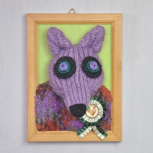 Purple fox, old fox portrait, handmade, picture, soft sculpture, wall decor, for home, kids room, whimsical, fauxidermy