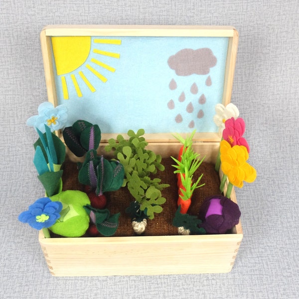 Sunny Rainy Felt Fabric Vegetable Garden Play Set, Toy MiniGarden, Pretend Food Veggies Big Set Box For Kids Little Gardener Vegetable Patch