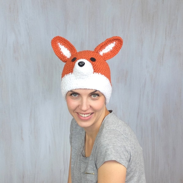 Red Fox Hat, Fox Beanie, Animal Hat, For Animal Lovers, Unisex Adults, For Teens, Autumn Gift, Crochet Hat, Orange White, Warm Soft Hat