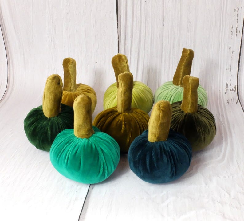 Thanksgiving Table Velvet Pumpkins Green Set Halloween Decor Green Lovers Vintage Centerpiece Autumn Ornament Shabby Chic Fall Harvest Gift