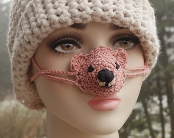 Crochet Cotton Teddy Bear Nose Warmer, Funny Winter Gadget