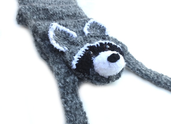Raccoon scarf, soft mammal, handmade scarf, wild animal, forest animal, unique scarf, for animal lover, cute raccoon, ready to ship
