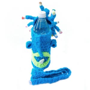 Baby travel toy, bottle cozy, crochet UFO, alien invasion, bottle sleeve, gift for baby, for kids, bottle cover, turquoise bottle bag image 2