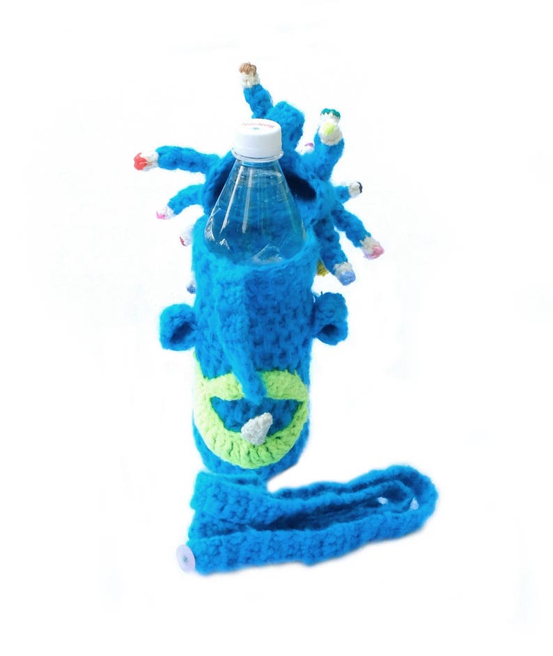 Baby travel toy, bottle cozy, crochet UFO, alien invasion, bottle sleeve, gift for baby, for kids, bottle cover, turquoise bottle bag image 2