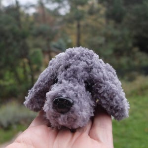 Puede incluir: Un pequeño perro de peluche gris con nariz y ojos negros. El perro está sentado en una mano.