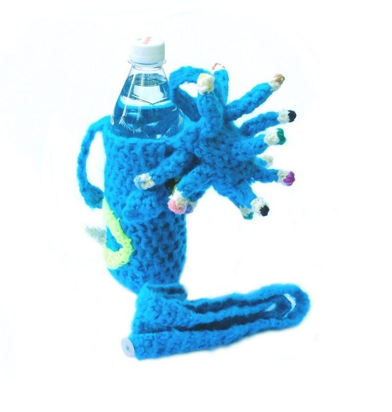 Baby travel toy, bottle cozy, crochet UFO, alien invasion, bottle sleeve, gift for baby, for kids, bottle cover, turquoise bottle bag image 4