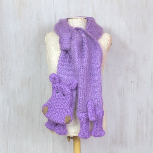 Purple hippo, wool very long scarf, animal scarf, violet purple shawl, wool scarves, original, funny scarf, winter gift