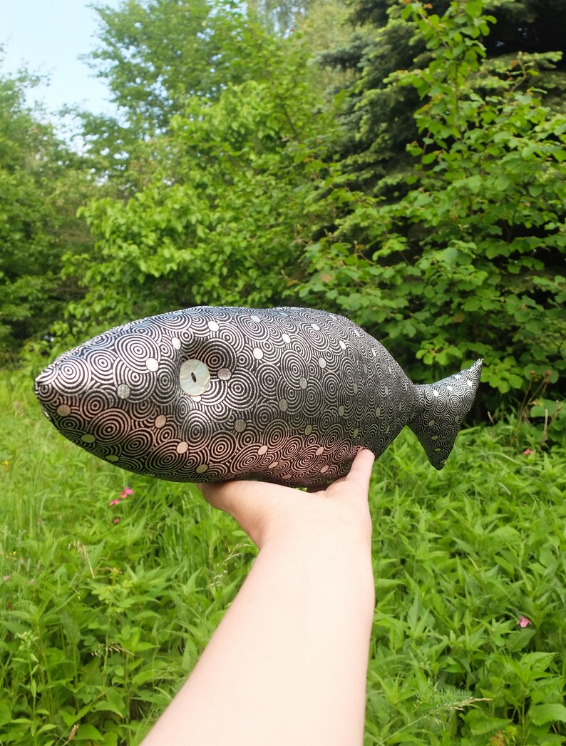 Fish Pillow Glossy Stuffed Fish Black Silver Fish Summer Etsy