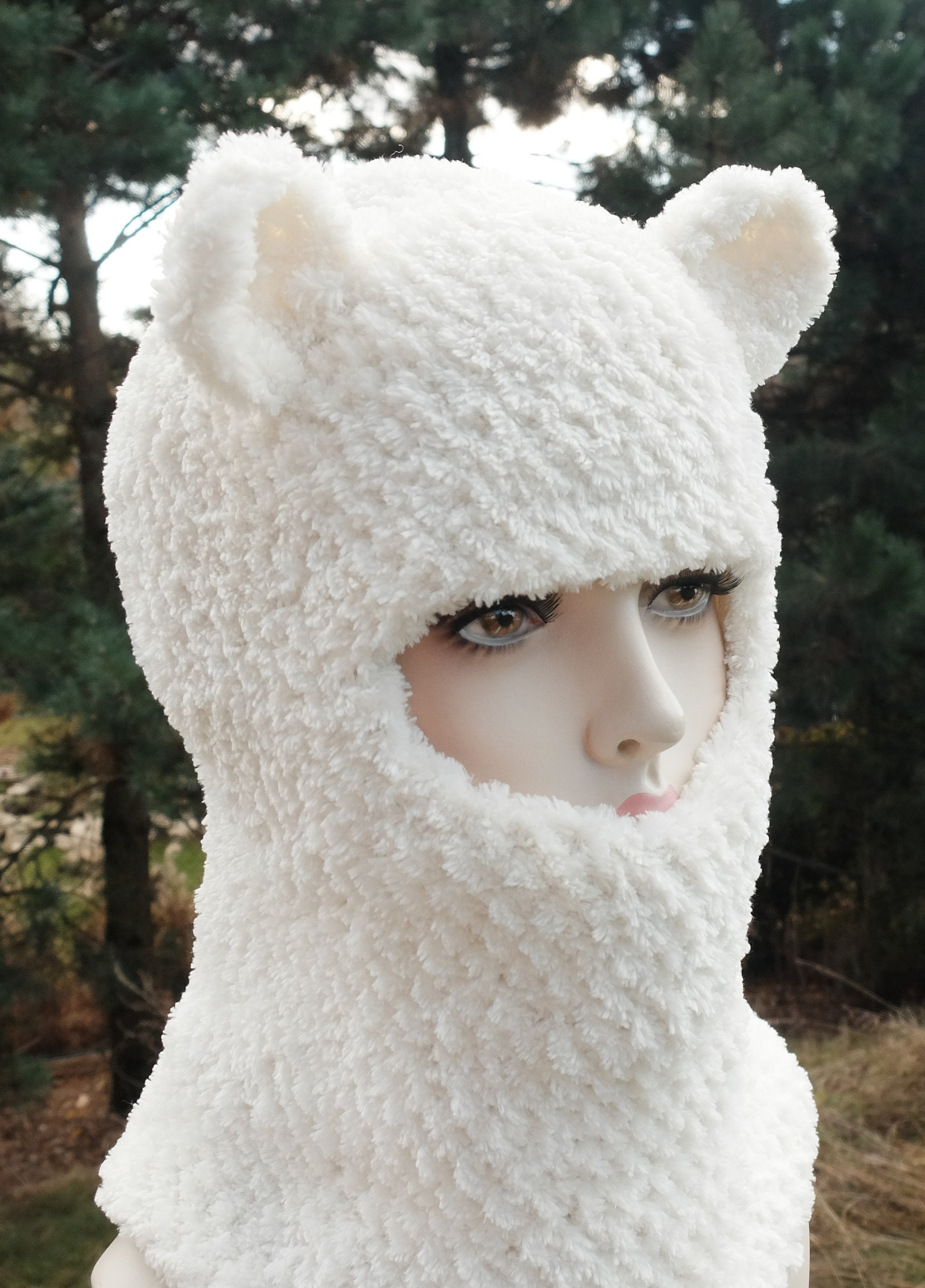 White Balaclava, Chunky Helmet With Ears, Crochet Face Mask