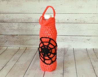 Halloween Decor, Spiderweb Accent, Short Handled, Bag for Water, Crochet Bottle Cover, Halloween Bottle Cozy, Bottle Carrier, Gift For Kids