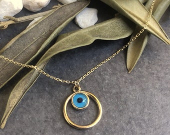 Dainty 14k Solid Yellow Gold Circle Evil Eye Pendant Necklace