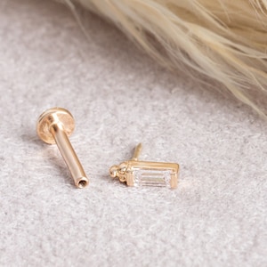 Dainty 14k Solid Gold, Baguette Cut CZ Solitaire, Screwback Ear Piercing/Stud