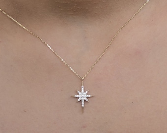 Dainty 14k Solid Yellow Gold Chain and North Star Pendant Necklace