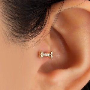 Dainty 14k Solid Gold Dog Bone Figure CZ Screwback Ear Piercing/Stud