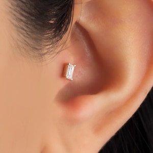 Dainty 14k Solid Gold Baguette Cut CZ Solitaire Screwback Ear Piercing/Stud