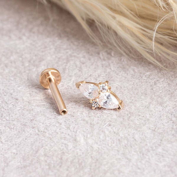 Dainty 14k Solid Gold Peardrop and Round Cut CZ Screwback Ear Piercing/Stud