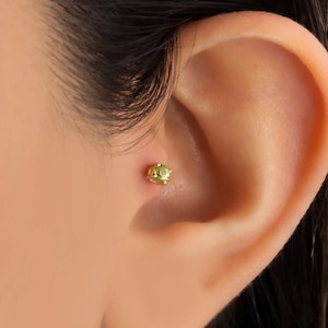 Dainty 14k Solid Gold Genuine Round Cut Peridot August Birthstone Solitaire Screwback Ear Piercing/Stud