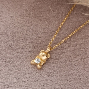 Dainty 14k Solid Yellow Gold Chain and Teddy Bear Pendant Necklace
