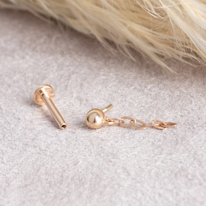 14k 3mm Gold Ball Piercing, 14k Gold Chain Dangle Piercing, 14k Rose Gold Chain Dangle Piercing, 14k White Gold Screwback Ear Piercing