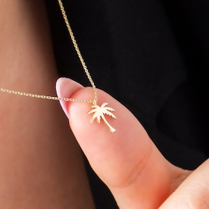 Dainty 14k Solid Gold Chain and Palm Tree Pendant Necklace