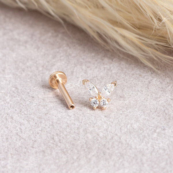 Dainty 14k Solid Gold Marquise and Round Cut CZ Butterfly Figure Screwback Ear Piercing/Stud