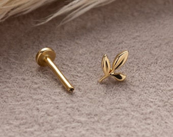 Delicato piercing all'orecchio/perno con figura a foglia delicata in oro massiccio 14k