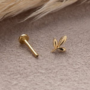 Dainty 14k Solid Gold Delicate Leaf Figure Screwback Ear Piercing/Stud