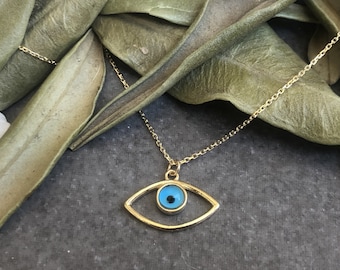 Dainty 14k Solid Yellow Gold Marquise Evil Eye Pendant Necklace