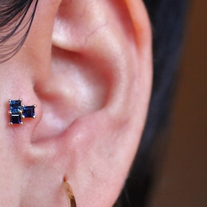 Dainty 14k Solid Gold, Genuine Princess Cut Sapphire, Screwback, Trinity Ear Piercing/Stud