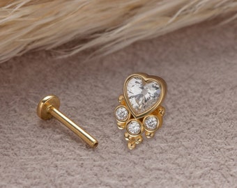 Dainty 14k Solid Gold White CZ Heart Figure Screwback Ear Piercing/Stud