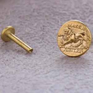 Può includere: Un orecchino a bottone color oro con un design piatto e circolare con un'emblema di leone e testo. Il perno dell'orecchino è visibile, appoggiato accanto al bottone su una superficie grigia strutturata.