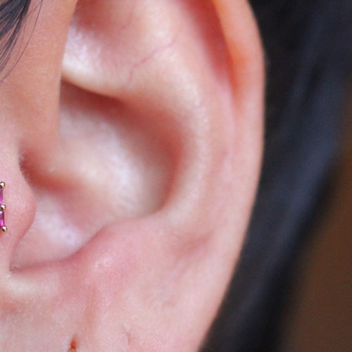 Dainty 14k Solid shops Gold, Genuine Princess Cut Ruby, Screwback, Rectangle Ear Piercing/Stud