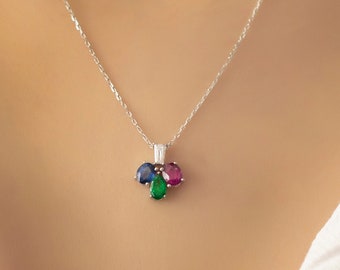 18k White Gold Delicate Chain and Pear Drop Genuine Emerald, Oval Cut Ruby and Sapphire and Trapeze Cut Diamond Pendant Necklace
