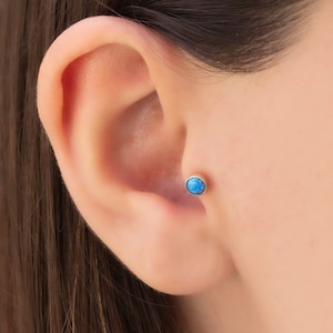 Dainty 14k Solid Gold, Genuine Round Cut Opal Solitaire, Screwback Ear Piercing/Stud
