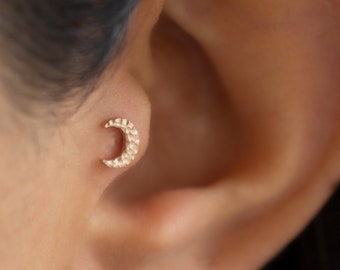 Dainty 14k Solid Gold Crescent Moon Hammered Surface Rustic Look Screwback Ear Piercing/Stud