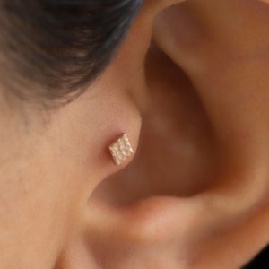Dainty 14k Solid Gold Hammered Surface Rustic Look Rhombus Screwback Ear Piercing/Stud