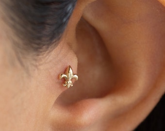 Könnte beinhalten: Ein goldener Fleur-de-lis-Ohrstecker im Ohr einer Person.
