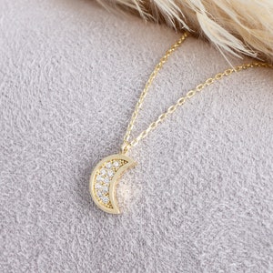 Dainty 14k Solid Rose, Yellow, White Gold Chain and Shiny Finish Crescent Moon Pendant Necklace