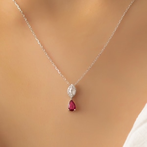 18k White Gold Delicate Chain and Pear Drop Genuine Ruby, Marquise Cut and Round Cut Diamond Pendant Necklace