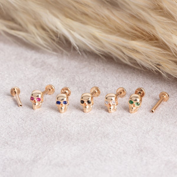 Dainty 14k Solid Gold Delicate Skull Figure With Colorful CZ Screwback Ear Piercing/Stud