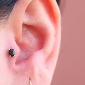 Dainty 14k Solid Gold Oval Cut Black CZ Stone Solitaire, Screwback Ear Piercing/Stud